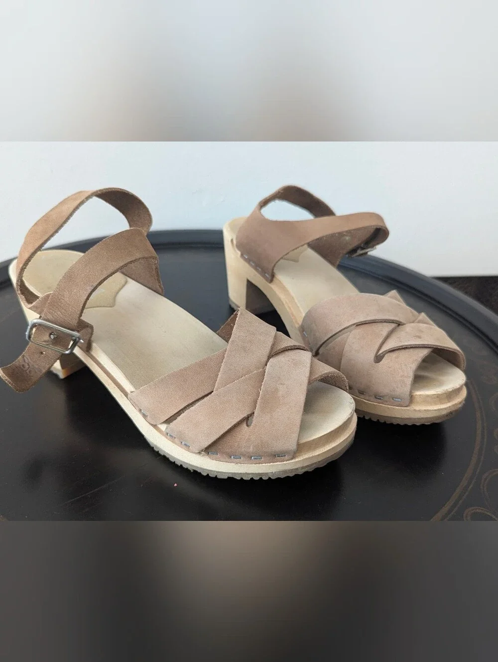Sandgrens Size 36 Suede Tan Handcrafted Swedish Wooden Clogs